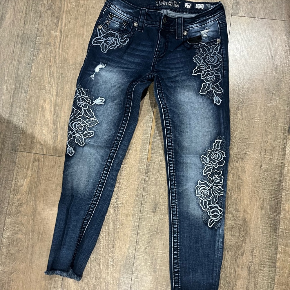 Miss Me Dark Blue Floral Embroidered Skinny Jeans